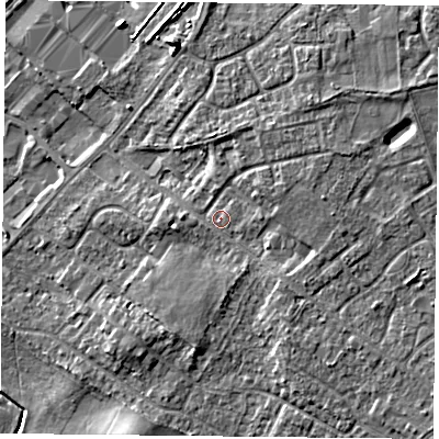 Shaded relief map of the ground around DN32NR, computed from Environment Agency LiDAR. The ground here sits at about 10 m above sea level and falls 7 m across the surrounding 800 m. Surface water reaching this point runs off ground lying to the east-north-east, 2.8 m higher.