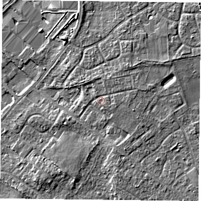 Shaded relief map of the ground around DN32NT, computed from Environment Agency LiDAR. The ground here sits at about 11 m above sea level and falls 6 m across the surrounding 800 m. Surface water reaching this point runs off ground lying to the east-north-east, 1.8 m higher.