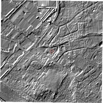 Shaded relief map of the ground around DN32PA, computed from Environment Agency LiDAR. The ground here sits at about 9 m above sea level and falls 7 m across the surrounding 800 m. Surface water reaching this point runs off ground lying to the east-south-east, 4.4 m higher.