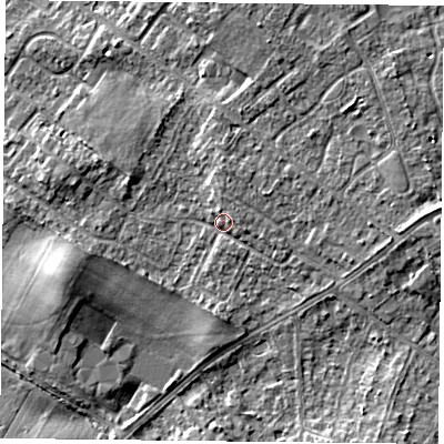 Shaded relief map of the ground around DN32PF, computed from Environment Agency LiDAR. The ground here sits at about 11 m above sea level and falls 6 m across the surrounding 800 m. Surface water reaching this point runs off ground lying to the east, 3.4 m higher.