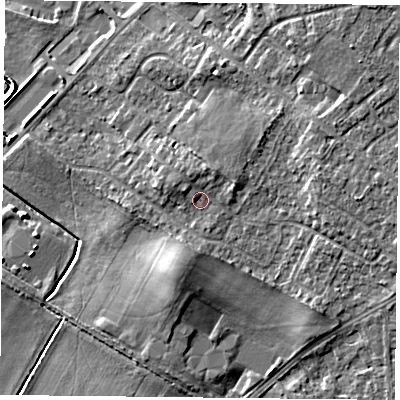 Shaded relief map of the ground around DN32PH, computed from Environment Agency LiDAR. The ground here sits at about 9 m above sea level and falls 7 m across the surrounding 800 m. Surface water reaching this point runs off ground lying to the north-north-west, 1.7 m higher.