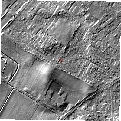 Shaded relief map of the ground around DN32PL, computed from Environment Agency LiDAR. The ground here sits at about 9 m above sea level and falls 7 m across the surrounding 800 m. Surface water reaching this point runs off ground lying to the south-west, 1.7 m higher.