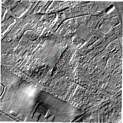 Shaded relief map of the ground around DN32PN, computed from Environment Agency LiDAR. The ground here sits at about 10 m above sea level and falls 7 m across the surrounding 800 m. Surface water reaching this point runs off ground lying to the north, 1.0 m higher.