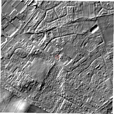 Shaded relief map of the ground around DN32PP, computed from Environment Agency LiDAR. The ground here sits at about 10 m above sea level and falls 7 m across the surrounding 800 m. Surface water reaching this point runs off ground lying to the south-east, 2.9 m higher.
