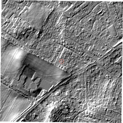 Shaded relief map of the ground around DN32PQ, computed from Environment Agency LiDAR. The ground here sits at about 10 m above sea level and falls 6 m across the surrounding 800 m. Surface water reaching this point runs off ground lying to the north-east, 1.4 m higher.