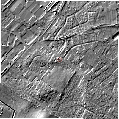 Shaded relief map of the ground around DN32PR, computed from Environment Agency LiDAR. The ground here sits at about 10 m above sea level and falls 7 m across the surrounding 800 m. Surface water reaching this point runs off ground lying to the east, 3.1 m higher.