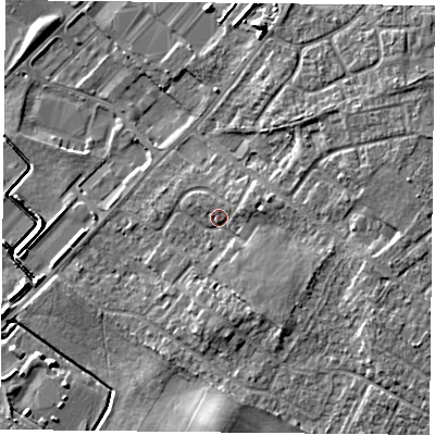 Shaded relief map of the ground around DN32PS, computed from Environment Agency LiDAR. The ground here sits at about 9 m above sea level and falls 8 m across the surrounding 800 m. Surface water reaching this point runs off ground lying to the east-south-east, 3.7 m higher.