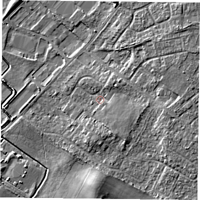 Shaded relief map of the ground around DN32PT, computed from Environment Agency LiDAR. The ground here sits at about 8 m above sea level and falls 8 m across the surrounding 800 m. Surface water reaching this point runs off ground lying to the east-south-east, 3.6 m higher.