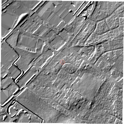 Shaded relief map of the ground around DN32PU, computed from Environment Agency LiDAR. The ground here sits at about 9 m above sea level and falls 7 m across the surrounding 800 m. Surface water reaching this point runs off ground lying to the east-south-east, 2.0 m higher.