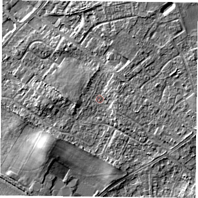 Shaded relief map of the ground around DN32PW, computed from Environment Agency LiDAR. The ground here sits at about 10 m above sea level and falls 7 m across the surrounding 800 m. Surface water reaching this point runs off ground lying to the east, 2.5 m higher.