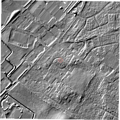Shaded relief map of the ground around DN32PX, computed from Environment Agency LiDAR. The ground here sits at about 9 m above sea level and falls 7 m across the surrounding 800 m. Surface water reaching this point runs off ground lying to the east, 1.8 m higher.