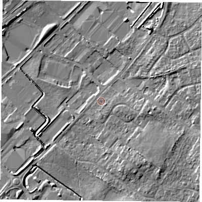 Shaded relief map of the ground around DN32PZ, computed from Environment Agency LiDAR. The ground here sits at about 8 m above sea level and falls 7 m across the surrounding 800 m. Surface water reaching this point runs off ground lying to the east-south-east, 1.0 m higher.