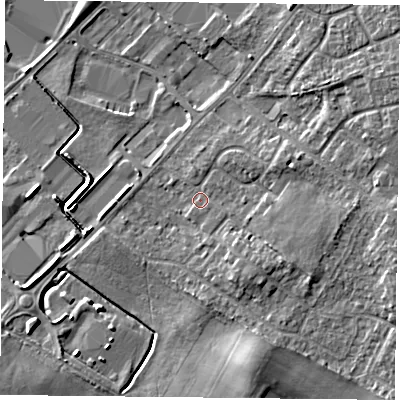 Shaded relief map of the ground around DN32QA, computed from Environment Agency LiDAR. The ground here sits at about 8 m above sea level and falls 8 m across the surrounding 800 m. Surface water reaching this point runs off ground lying to the south-east, 2.8 m higher.