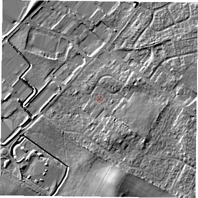 Shaded relief map of the ground around DN32QB, computed from Environment Agency LiDAR. The ground here sits at about 8 m above sea level and falls 8 m across the surrounding 800 m. Surface water reaching this point runs off ground lying to the south-south-east, 2.7 m higher.