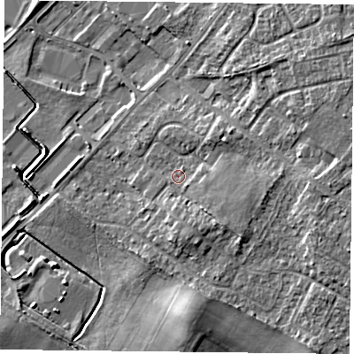 Shaded relief map of the ground around DN32QD, computed from Environment Agency LiDAR. The ground here sits at about 8 m above sea level and falls 8 m across the surrounding 800 m. Surface water reaching this point runs off ground lying to the south-south-east, 2.4 m higher.