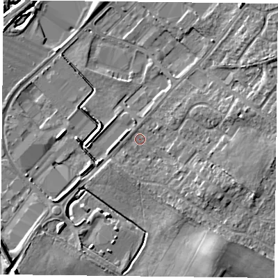 Shaded relief map of the ground around DN32QE, computed from Environment Agency LiDAR. The ground here sits at about 8 m above sea level and falls 8 m across the surrounding 800 m. Surface water reaching this point runs off ground lying to the south-south-east, 5.2 m higher.