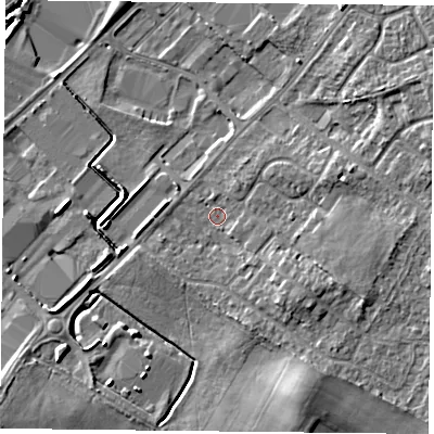 Shaded relief map of the ground around DN32QF, computed from Environment Agency LiDAR. The ground here sits at about 8 m above sea level and falls 8 m across the surrounding 800 m. Surface water reaching this point runs off ground lying to the south-south-east, 5.0 m higher.