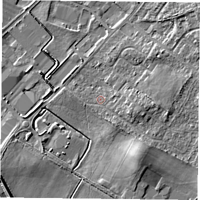 Shaded relief map of the ground around DN32QG, computed from Environment Agency LiDAR. The ground here sits at about 8 m above sea level and falls 8 m across the surrounding 800 m. Surface water reaching this point runs off ground lying to the south-east, 4.2 m higher.