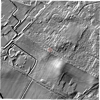 Shaded relief map of the ground around DN32QH, computed from Environment Agency LiDAR. The ground here sits at about 9 m above sea level and falls 8 m across the surrounding 800 m. Surface water reaching this point runs off ground lying to the south-south-east, 3.8 m higher.