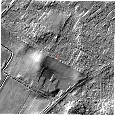 Shaded relief map of the ground around DN32QJ, computed from Environment Agency LiDAR. The ground here sits at about 9 m above sea level and falls 7 m across the surrounding 800 m. Surface water reaching this point runs off ground lying to the west, 1.0 m higher.