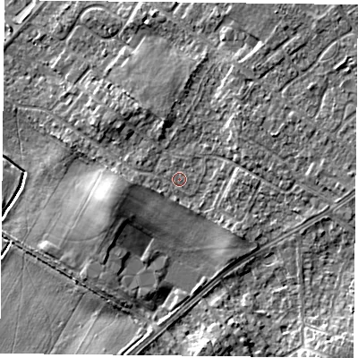 Shaded relief map of the ground around DN32QL, computed from Environment Agency LiDAR. The ground here sits at about 9 m above sea level and falls 7 m across the surrounding 800 m. Surface water reaching this point runs off ground lying to the west-south-west, 1.1 m higher.