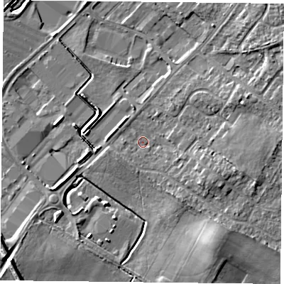 Shaded relief map of the ground around DN32QN, computed from Environment Agency LiDAR. The ground here sits at about 8 m above sea level and falls 8 m across the surrounding 800 m. Surface water reaching this point runs off ground lying to the south-east, 5.0 m higher.