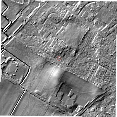 Shaded relief map of the ground around DN32QQ, computed from Environment Agency LiDAR. The ground here sits at about 9 m above sea level and falls 8 m across the surrounding 800 m. Surface water reaching this point runs off ground lying to the south, 3.5 m higher.
