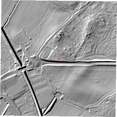 Shaded relief map of the ground around DN32QT, computed from Environment Agency LiDAR. The ground here sits at about 13 m above sea level and falls 9 m across the surrounding 800 m. Surface water reaching this point runs off ground lying to the south, 1.0 m higher.