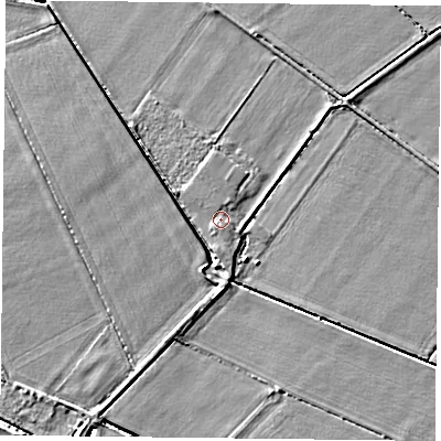 Shaded relief map of the ground around DN33EA, computed from Environment Agency LiDAR. The ground here sits at about 3 m above sea level and falls 6 m across the surrounding 800 m. Surface water reaching this point runs off ground lying to the south-west, 1.1 m higher.