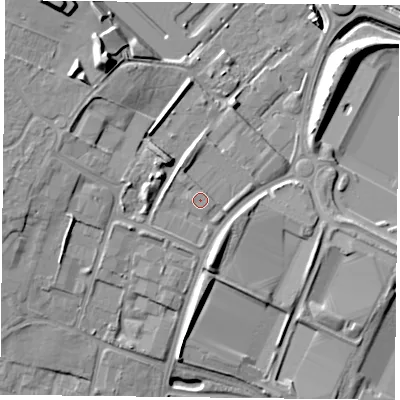 Shaded relief map of the ground around DN33FB, computed from Environment Agency LiDAR. The ground here sits at about 10 m above sea level and falls 16 m across the surrounding 800 m. The ground contributing surface water to this point lies to the south.
