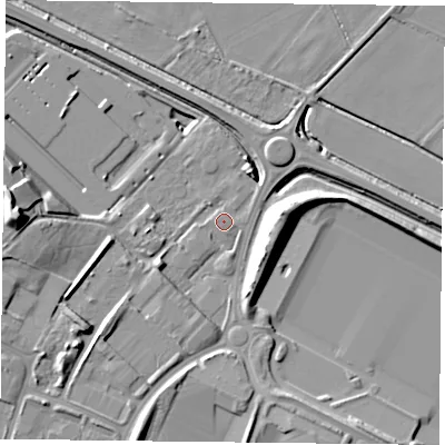 Shaded relief map of the ground around DN33FD, computed from Environment Agency LiDAR. The ground here sits at about 4 m above sea level and falls 17 m across the surrounding 800 m. Surface water reaching this point runs off ground lying to the south-south-west, 9.0 m higher.