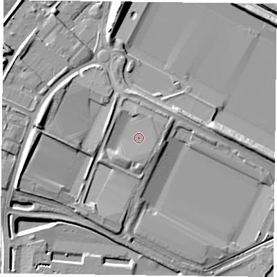 Shaded relief map of the ground around DN33FF, computed from Environment Agency LiDAR. The ground here sits at about 8 m above sea level and falls 13 m across the surrounding 800 m. Surface water reaching this point runs off ground lying to the south-west, 2.2 m higher.