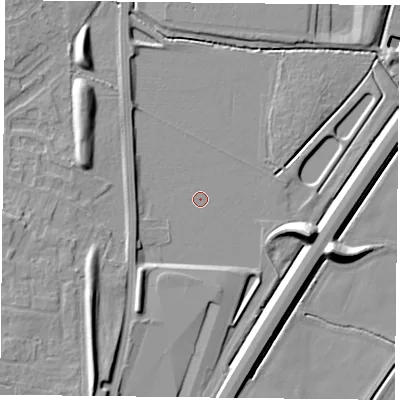 Shaded relief map of the ground around DN33FT, computed from Environment Agency LiDAR. The ground here sits at about 3 m above sea level and falls 12 m across the surrounding 800 m. Surface water reaching this point runs off ground lying to the east-south-east, 9.5 m higher.