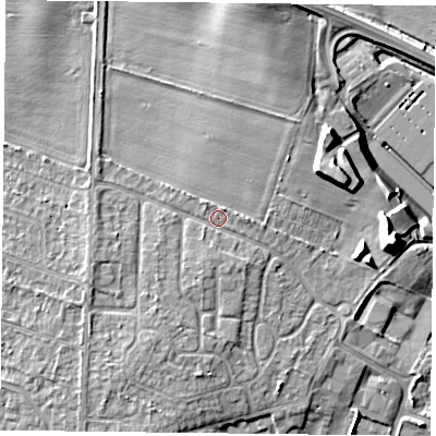 Shaded relief map of the ground around DN33HS, computed from Environment Agency LiDAR. The ground here sits at about 13 m above sea level and falls 15 m across the surrounding 800 m. Surface water reaching this point runs off ground lying to the south, 0.8 m higher.