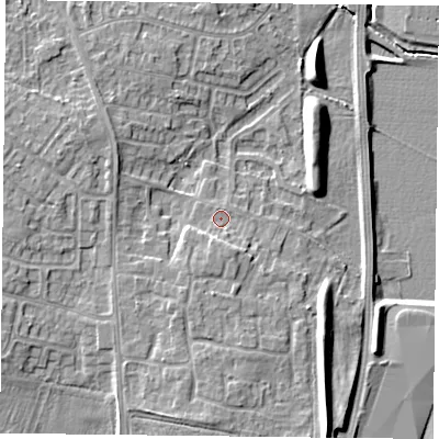 Shaded relief map of the ground around DN33JP, computed from Environment Agency LiDAR. The ground here sits at about 7 m above sea level and falls 10 m across the surrounding 800 m. Surface water reaching this point runs off ground lying to the south, 2.3 m higher.