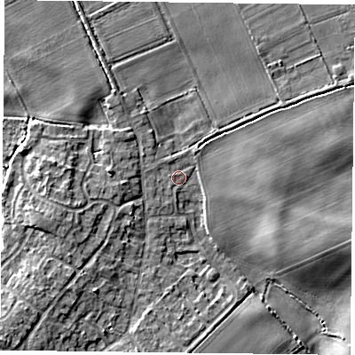 Shaded relief map of the ground around DN33NY, computed from Environment Agency LiDAR. The ground here sits at about 5 m above sea level and falls 6 m across the surrounding 800 m. Surface water reaching this point runs off ground lying to the west, 1.2 m higher.