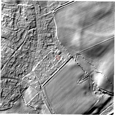 Shaded relief map of the ground around DN33PB, computed from Environment Agency LiDAR. The ground here sits at about 4 m above sea level and falls 7 m across the surrounding 800 m. Surface water reaching this point runs off ground lying to the south-south-west, 2.0 m higher.