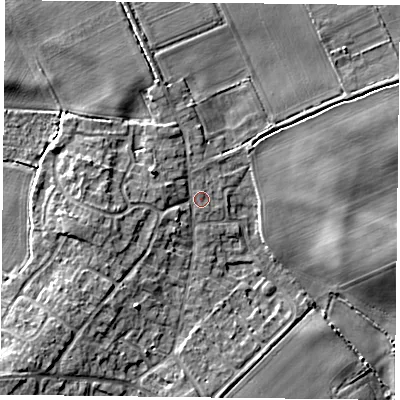 Shaded relief map of the ground around DN33PD, computed from Environment Agency LiDAR. The ground here sits at about 5 m above sea level and falls 6 m across the surrounding 800 m. Surface water reaching this point runs off ground lying to the west-south-west, 3.0 m higher.
