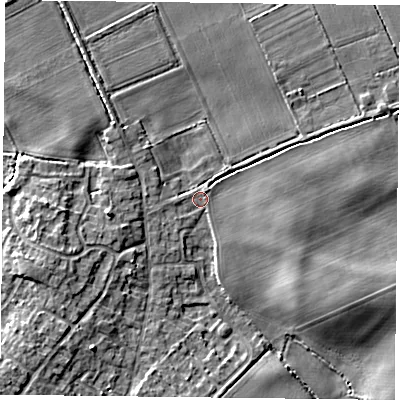 Shaded relief map of the ground around DN33PF, computed from Environment Agency LiDAR. The ground here sits at about 5 m above sea level and falls 6 m across the surrounding 800 m. Surface water reaching this point runs off ground lying to the east-south-east, 1.6 m higher.