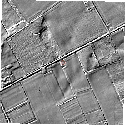 Shaded relief map of the ground around DN33PJ, computed from Environment Agency LiDAR. The ground here sits at about 4 m above sea level and falls 4 m across the surrounding 800 m. Surface water reaching this point runs off ground lying to the west, 1.6 m higher.