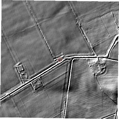 Shaded relief map of the ground around DN33PN, computed from Environment Agency LiDAR. The ground here sits at about 3 m above sea level and falls 5 m across the surrounding 800 m. Surface water reaching this point runs off ground lying to the west-south-west, 1.9 m higher.