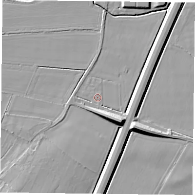 Shaded relief map of the ground around DN33PP, computed from Environment Agency LiDAR. The ground here sits at about 6 m above sea level and falls 11 m across the surrounding 800 m. Surface water reaching this point runs off ground lying to the south-east, 1.9 m higher.