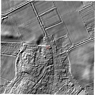 Shaded relief map of the ground around DN33PQ, computed from Environment Agency LiDAR. The ground here sits at about 6 m above sea level and falls 6 m across the surrounding 800 m. Surface water reaching this point runs off ground lying to the west-south-west, 3.1 m higher.