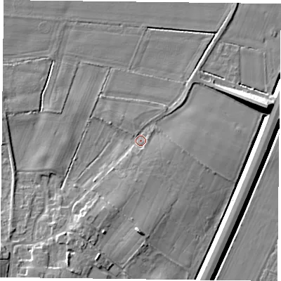 Shaded relief map of the ground around DN33PR, computed from Environment Agency LiDAR. The ground here sits at about 7 m above sea level and falls 11 m across the surrounding 800 m. Surface water reaching this point runs off ground lying to the south-south-east, 1.7 m higher.