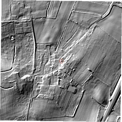Shaded relief map of the ground around DN33QL, computed from Environment Agency LiDAR. The ground here sits at about 8 m above sea level and falls 10 m across the surrounding 800 m. Surface water reaching this point runs off ground lying to the south, 3.1 m higher.