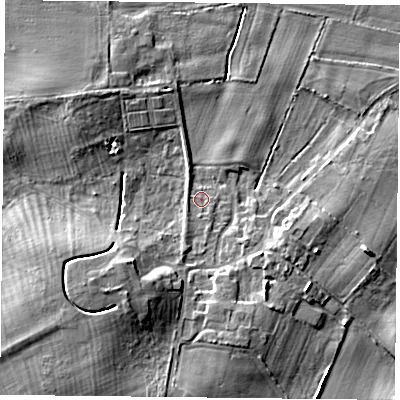Shaded relief map of the ground around DN33QQ, computed from Environment Agency LiDAR. The ground here sits at about 7 m above sea level and falls 9 m across the surrounding 800 m. Surface water reaching this point runs off ground lying to the south-south-west, 1.9 m higher.