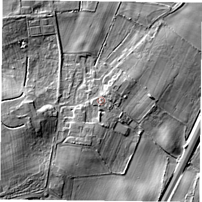 Shaded relief map of the ground around DN33QW, computed from Environment Agency LiDAR. The ground here sits at about 10 m above sea level and falls 10 m across the surrounding 800 m. Surface water reaching this point runs off ground lying to the south-south-east, 1.3 m higher.