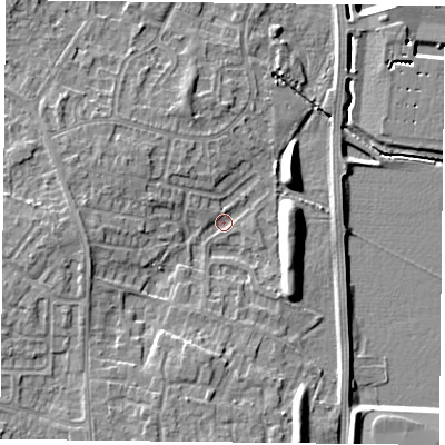 Shaded relief map of the ground around DN33RH, computed from Environment Agency LiDAR. The ground here sits at about 5 m above sea level and falls 11 m across the surrounding 800 m. Surface water reaching this point runs off ground lying to the south-south-west, 4.6 m higher.