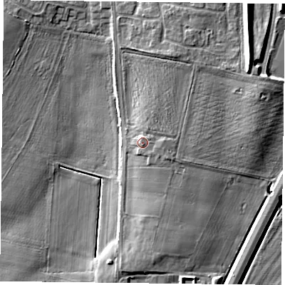 Shaded relief map of the ground around DN33RX, computed from Environment Agency LiDAR. The ground here sits at about 9 m above sea level and falls 9 m across the surrounding 800 m. Surface water reaching this point runs off ground lying to the east, 0.8 m higher.