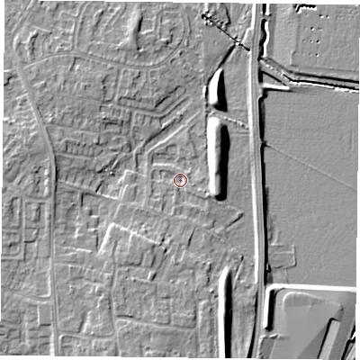 Shaded relief map of the ground around DN33RY, computed from Environment Agency LiDAR. The ground here sits at about 5 m above sea level and falls 9 m across the surrounding 800 m. Surface water reaching this point runs off ground lying to the south-south-west, 4.1 m higher.